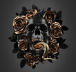 Concept illustration 3D rendering of scary dark skull with golden teeth, snake tongue out surrounded by a golden roses wreath with dark black leaves isolated on grey background.