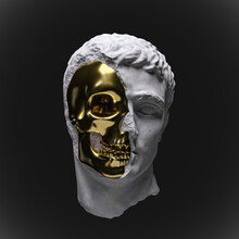 Abstract Illustration From 3D Rendering Illustration Of Golden Half Skull And White Marble Classical Sculpture Head Isolated On Black Background.