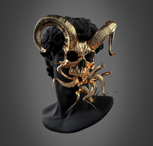 Dark Art Concept Illustration From 3D Rendering Of Black Classical Male Head Bust With Golden Skull Mask, Goat Devilish Horns And Multiple Snake Tongues Isolated On Grey Background.