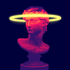 Abstract illustration from 3d rendering of classical male head sculpture in pink and blue vaporwave colors, illuminated by a yellow neon halo ring on a pedestal isolated on black background.