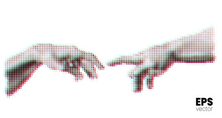 Vector illustration of hands reaching out for touch in  RGB color offset dot halftone vintage style design.