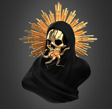Concept Illustration 3D Rendering Of Veiled Black Scary Figure With Golden Skull Mask And Snake Tongues With Holy Halo Of Rays Isolated On Grey Background In Dark Art Style.