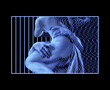 Digital glitch art illustration of classical sculpture of Proserpina Rape detail from 3D rendering in oscilloscope blue lines on black background in the style of old CRT TVs and VHS.