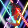 Abstract illustration from 3d rendering of classical head sculpture  illuminated and pierced through by colored neon tubes on colorful neon background.