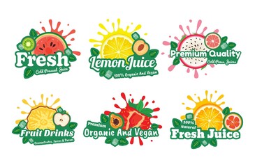 Wall Mural - Collection fresh juice sticker vector illustration summer seasonal organic vegan fruits cocktail