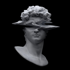 glitch art monochrome illustration of white marble classical head sculpture from 3d rendering in the