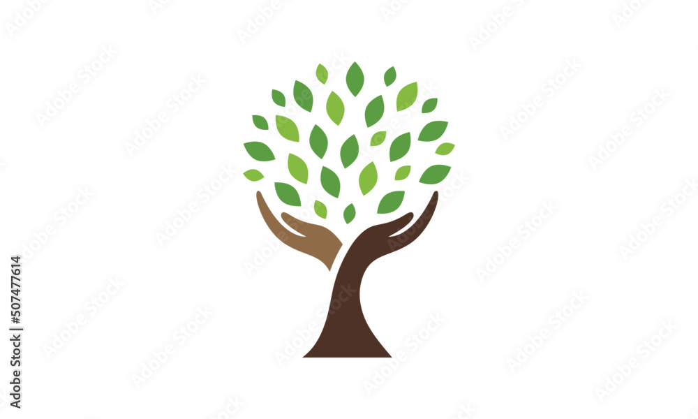 Human hands and tree with green leaves. Logo, symbol, icon ...