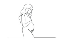 Single One Line Drawing Young Beautiful Pregnant Woman Standing With Big Belly. World Population Day. Continuous Line Draw Design Graphic Vector Illustration.