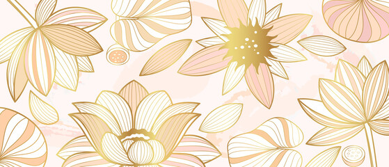 Naklejka na meble Vector poster with golden lotus flowers on a pink background.Golden lotus flowers in line art style.