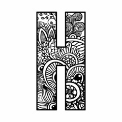 Wall Mural - Zentangle letter H monogram font. Vector ornamental and decorative template illustration for printing on postcards, t-shirts, bags, cups, clothing, Wallpaper, posters, coloring books, interior paintin