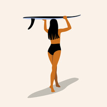 Surf Girl Minimalistic Vector Illustration. Flat Style Digital Art. Young Woman With Surfboard In Full Growth