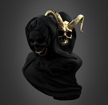 Concept Illustration 3D Rendering Of 2 Veiled Dark Black Scary Death Figures With Golden Skull Mask, Teeth And Goat Devilish Horns Isolated On Grey Background.