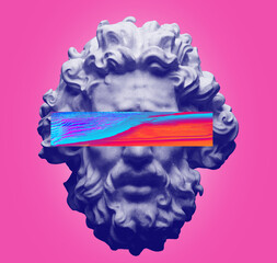 Wall Mural - Concept illustration 3D rendering of white marble classical head sculpture of sad and worried bearded old man with colorful glitch corrupted texture hiding eyes and isolated on pink background.