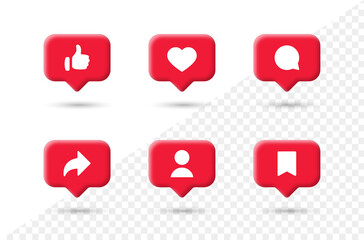 Wall Mural - Social media notification icons in 3d speech bubbles like love comment share follower save icon. thumbs up, heart bubble icons