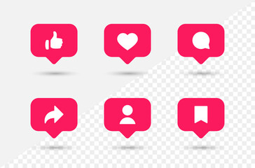 Wall Mural - Social media notification icons in speech bubbles like love comment share follower save icon. thumbs up, heart bubble icons