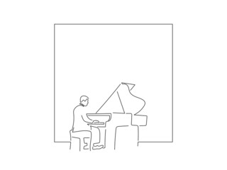 Wall Mural - Piano player in line art drawing style. Composition of a pianist playing. Black linear sketch isolated on white background. Vector illustration design.