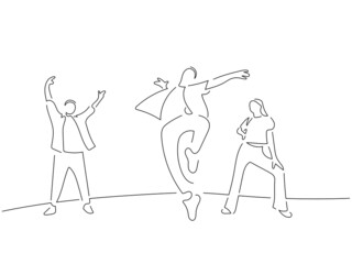 Wall Mural - Modern dancers in line art drawing style. Composition of a dance group. Black linear sketch isolated on white background. Vector illustration design.