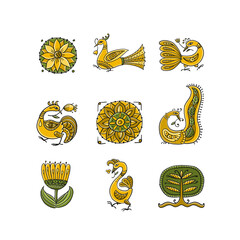 Poster - Magic birds and flowers collection, icons isolated on white for your design