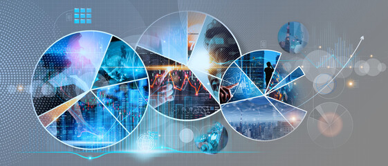 Wall Mural - Business and economics growth global business network,Customer service,Technology and data connection,Teamwork,Data analysis financial Business strategy and Digital marketing in circle pie chart.