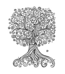 Aufkleber - Old big family tree with roots. Isolated on white background. Concept Art for your design. Design interior ideas. Colouring page