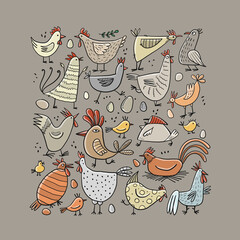 Poster - Funny farm birds family. Chicken and Rooster characters. Art collection for your design