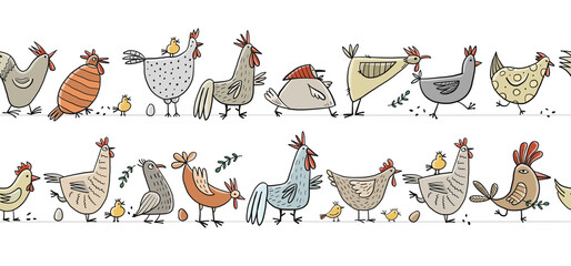 Poster - Funny farm birds family. Chicken and Rooster characters. Seamless pattern background for your design