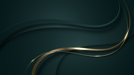Wall Mural - Abstract 3D luxury green color wave lines with shiny golden curved line decoration and glitter lighting on gradient dark background