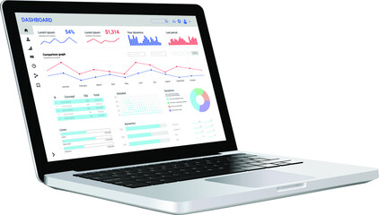 Realistic laptop with dashboard for sales or marketing vector mockup perspective rotated view for website presentation ui ux.