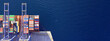 © aerial-drone - Aerial drone ultra wide top down panoramic photo with copy space of container tanker anchored in loading - unloading container terminal port
