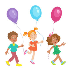 Wall Mural - Three funny kids are walking with colorful balloons in their hands. In cartoon style. Isolated on white background. Vector flat illustration.