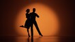 © kinomaster - Couple of dancers approach each other and begin to dance Argentine tango. Elements of latin ballroom dance in studio with orange brown background. Dark silhouettes. Slow motion ready, 4K at 59.94fps.