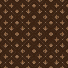 Brown Fleur De Lis French Damask Pattern. Ornamental Fabric Swatch Close-up.  