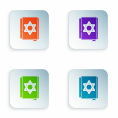 Sticker - Color Jewish torah book icon isolated on white background. Pentateuch of Moses. On the cover of the Bible is the image of the Star of David. Set colorful icons in square buttons. Vector