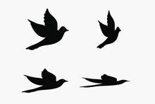 Dove Silhouettes , Peace Symbol. Vector Pigeon With Spread Wings . Holy Bird In Christianity, Freedom Of Purity, Flight Of Animal Poses Isolated