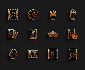 Sticker - Set line Piece of puzzle, Music synthesizer, Picture landscape, Play Video, Stereo speaker, Casino chip playing cards and Gamepad icon. Vector