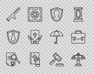 Sticker - Set line Document with search, Scales of justice, User protection, Oath the Holy Bible, Police rubber baton, Judge gavel and Briefcase icon. Vector