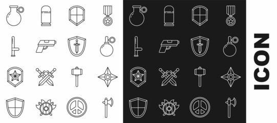 Wall Mural - Set line Medieval axe, Japanese ninja shuriken, Hand grenade, Shield, Pistol or gun, Police rubber baton, and shield with sword icon. Vector