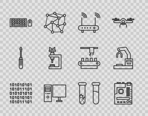 Poster - Set line Binary code, Motherboard, Router and wi-fi signal, Computer monitor, Keyboard mouse, Microscope, Test tube flask and Robotic robot arm hand factory icon. Vector