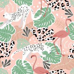 Wall Mural - Seamless pattern with tropical exotic ornament with palm leaves, flamingos bird and leopard. Summer abstract animal print. Vector graphics.