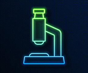 Poster - Glowing neon line Microscope icon isolated on blue background. Chemistry, pharmaceutical instrument, microbiology magnifying tool. Vector