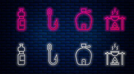 Poster - Set line Fishing hook, Canteen water bottle, Bottle of water and Campfire and pot. Glowing neon icon on brick wall. Vector