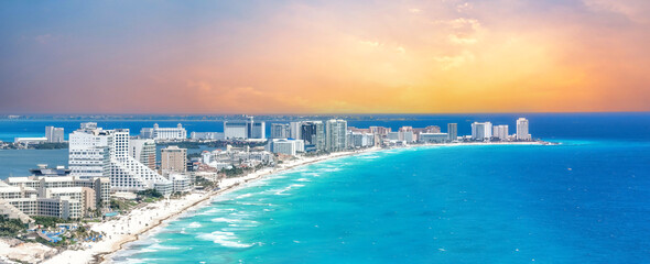 Wall Mural - Cancun skyline with beach and blue water