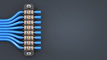 Terminal Block On A Dark Background With Copy Space. Connected Blue Wires. List Concept For Electrical Theme. 3d Illustration