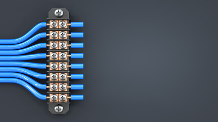 Terminal block on a dark background with copy space. Connected blue wires. List concept for electrical theme. 3d illustration