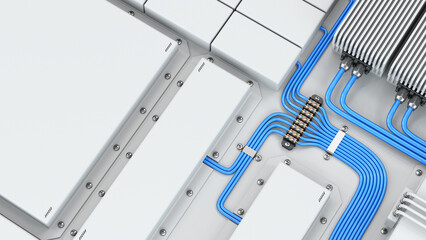 Wall Mural - light background with cables and white devices. the concept of technological design in the energy se