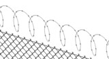 Prison fence. Net wire fence and spiral barbed wire. Flat vector illustration isolated on white background.