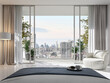Modern style white bedroom with large open door overlooking city view 3d render, Decorate with white fabric furniture ,Sunlight shines into the room.