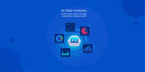 Artificial intelligence - AI technology for data analysis conceptual web banner with blue abstract background.