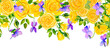 Yellow roses and violets seamless horizontal pattern. Endless border. Postcard from watercolor flowers. Template for invitation or greeting card. Wedding hand drawn delicate design.