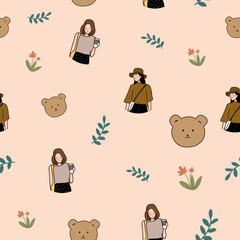 Wall Mural - simple girl fashion, flower and bear illustration